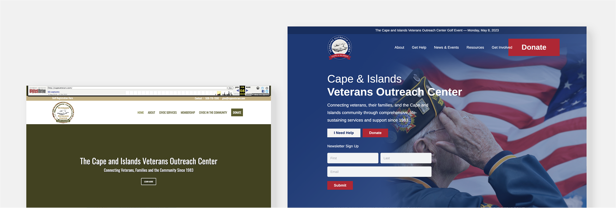 Screenshot of old Cape Veterans website home page next to the new website home page