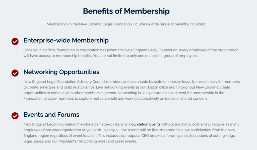 Screenshot of the benefits of membership page on the New England Legal Foundation website