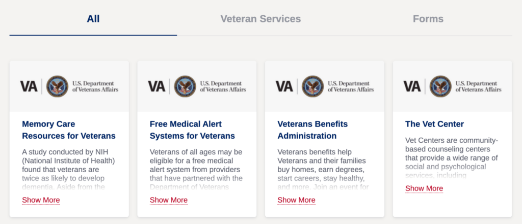 Screenshot of resources section on the Cape Veterans website